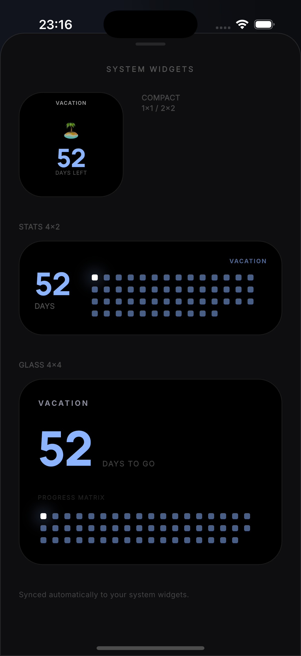 Dots app: widget preview and background album.